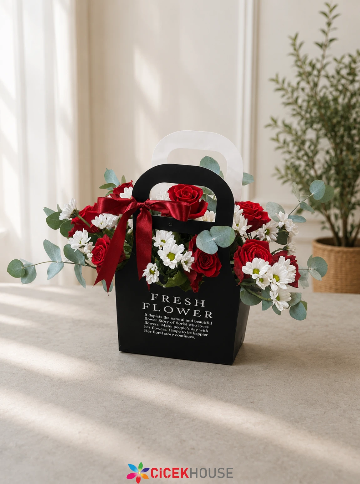 Red Roses And Daisy In A Black Bag