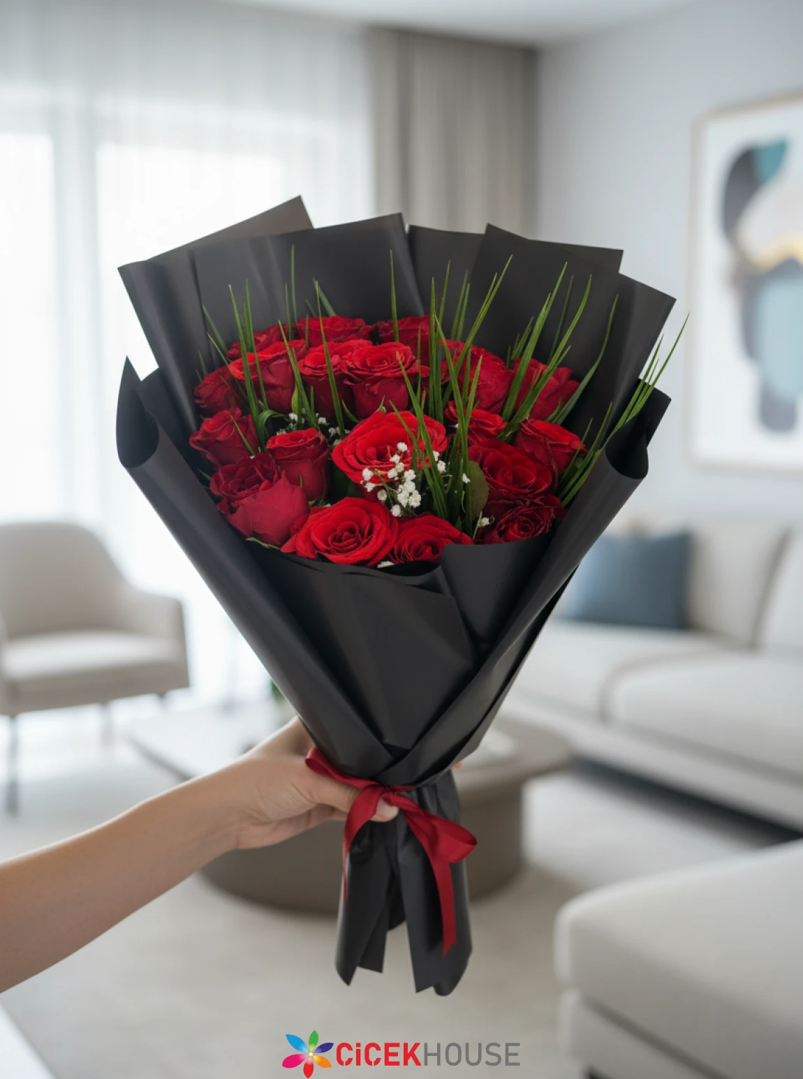Siyah Bukette 20 Kırmızı Gül