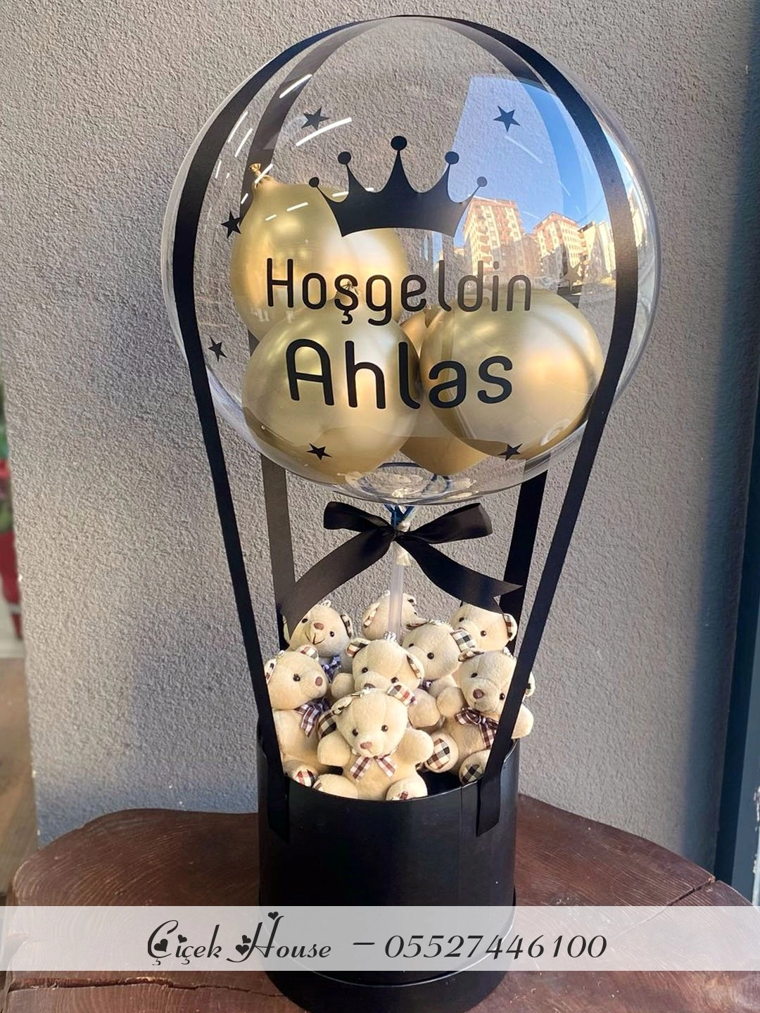 Siyah Kutuda Balonlu Ayıcık Aranjmanı