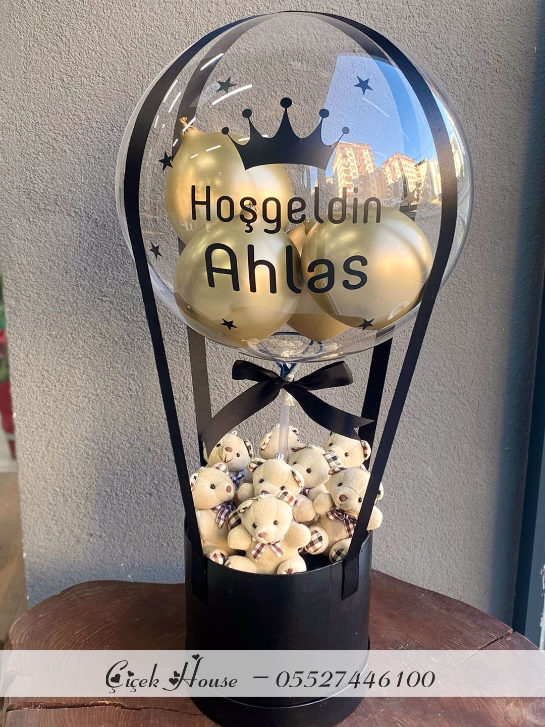 Siyah Kutuda Balonlu Ayıcık Aranjmanı