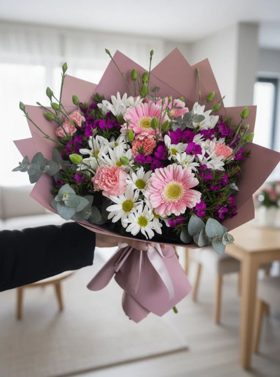 Koyu Pembe Kağıtta Mevsim Çiçekleri