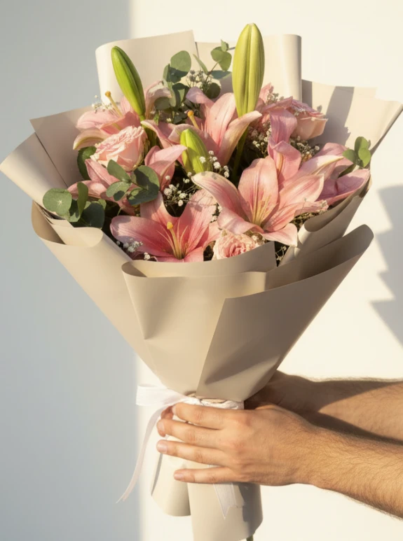 Krem Kağıtta Pembe Lilyum Ve Pembe Gül Buketi