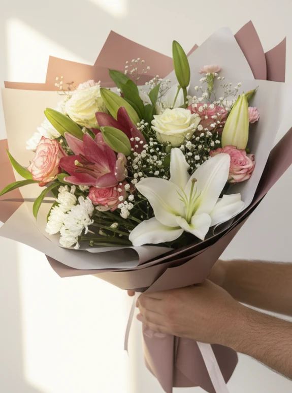Large Bouquet Of Lilies And Roses