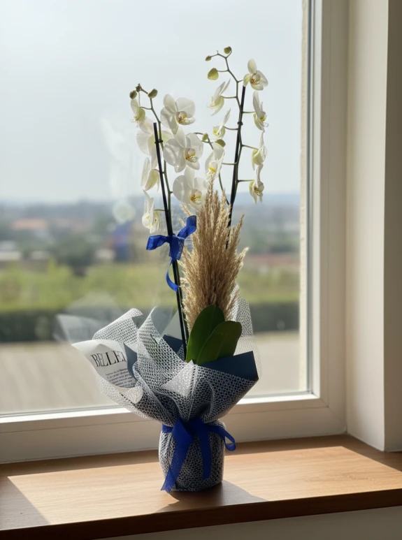 Mavi Kağıtlı Çift Dallı Beyaz Orkide