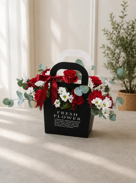 Red Roses And Daisy In A Black Bag