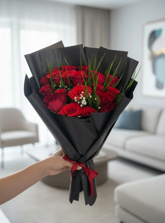 Siyah Bukette 20 Kırmızı Gül