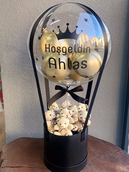 Siyah Kutuda Balonlu Ayıcık Aranjmanı
