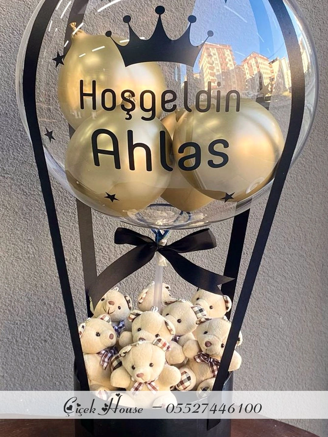 Siyah Kutuda Balonlu Ayıcık Aranjmanı